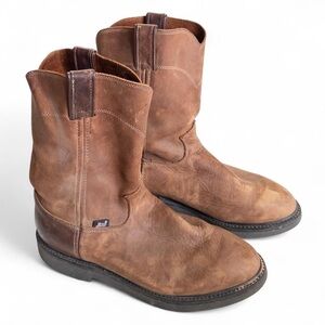 Justin Men’s Round-Up Pull-On Work Boots Size 9 Brown Leather